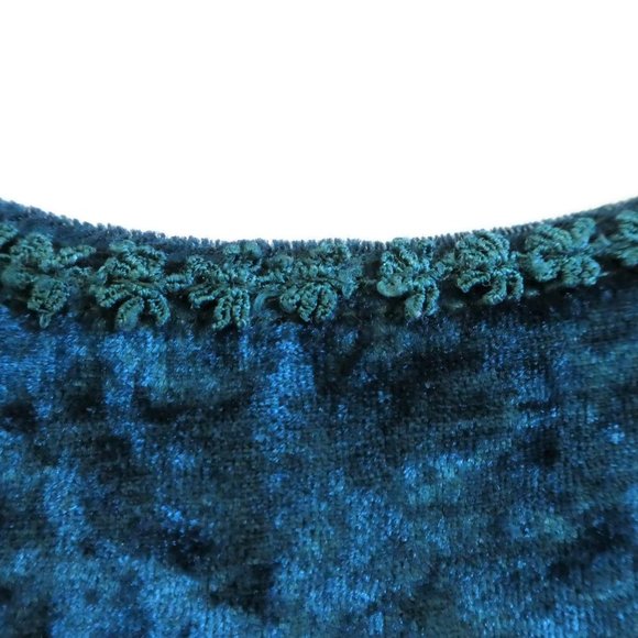 Vintage 80s 90s Crushed Velvet Fitted Stretch Teal Macrame Trim Anchor Blue S - Picture 3 of 8